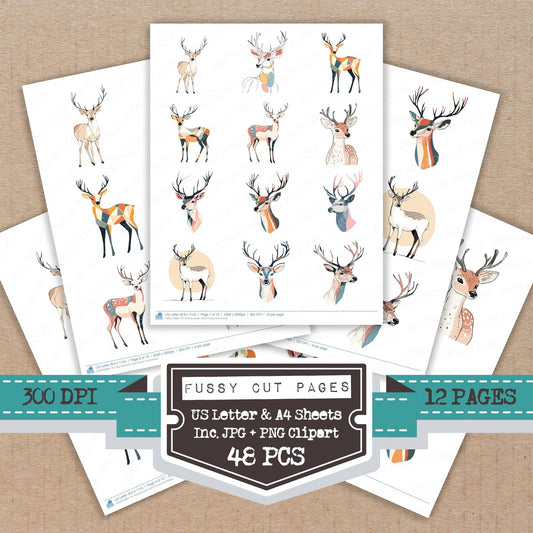 Scandinavian Deer fussy cut printable sheets for junk journaling, scrapbooking, and paper craft projects