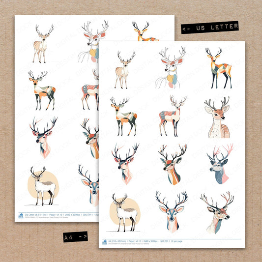 A4 and US Letter format comparison showing Scandinavian Deer fussy cut pages for print and cut crafting