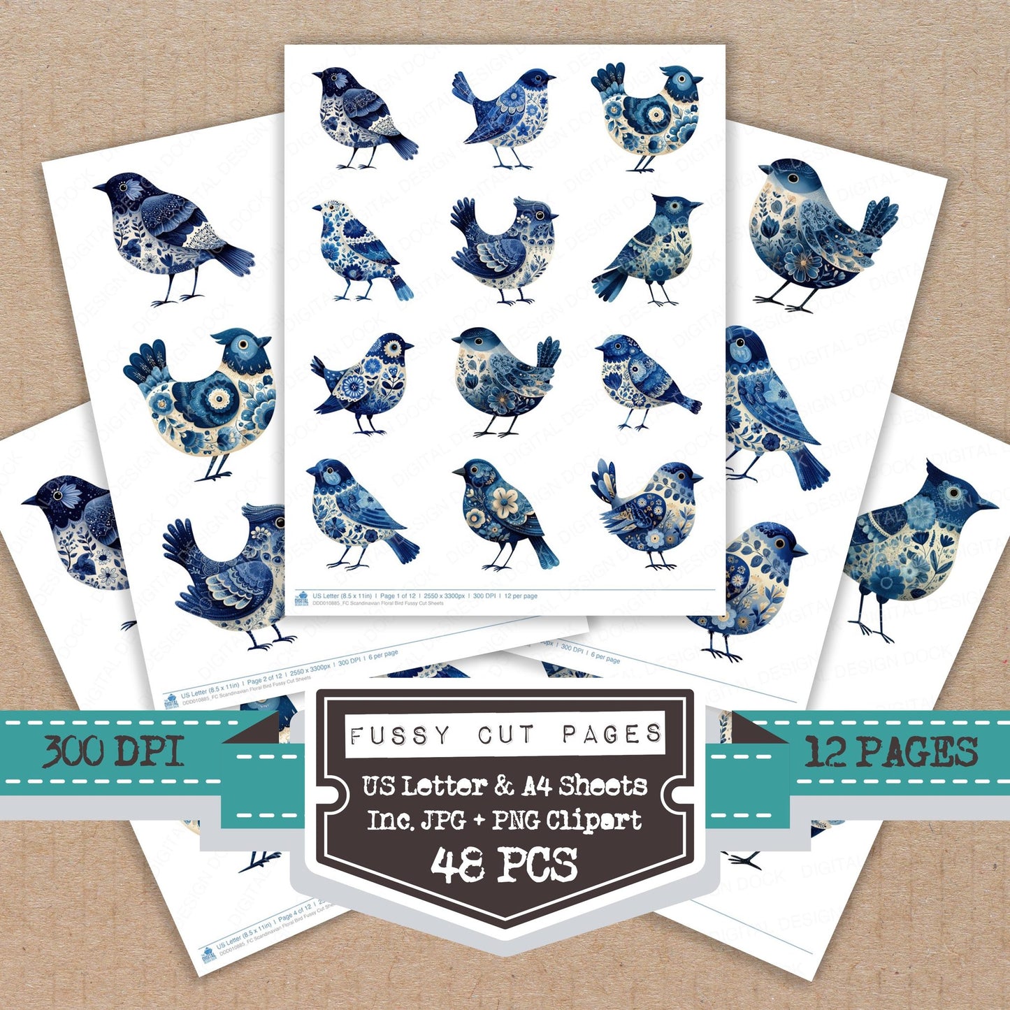 Scandinavian Floral Bird fussy cut printable sheets for junk journaling, scrapbooking, and paper craft projects