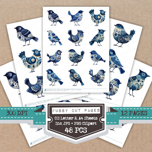 Scandinavian Floral Bird fussy cut printable sheets for junk journaling, scrapbooking, and paper craft projects