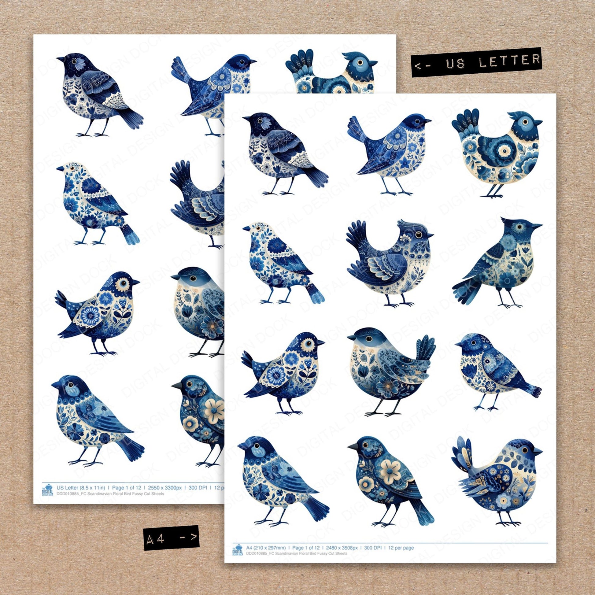 A4 and US Letter format comparison showing Scandinavian Floral Bird fussy cut pages for print and cut crafting