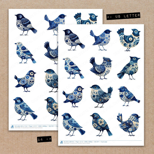 A4 and US Letter format comparison showing Scandinavian Floral Bird fussy cut pages for print and cut crafting