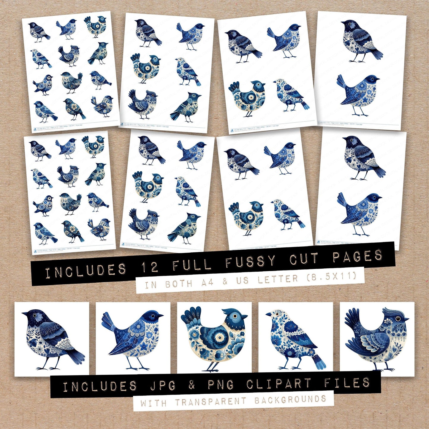 Full collection view of Scandinavian Floral Bird fussy cut sheets with bonus clipart JPG and PNG files