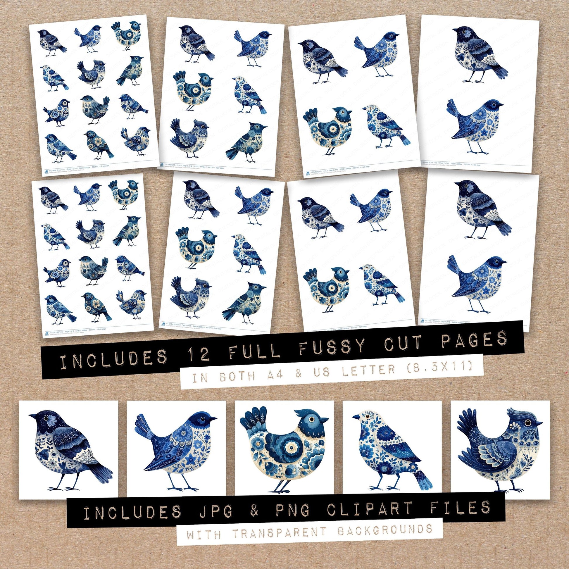 Full collection view of Scandinavian Floral Bird fussy cut sheets with bonus clipart JPG and PNG files