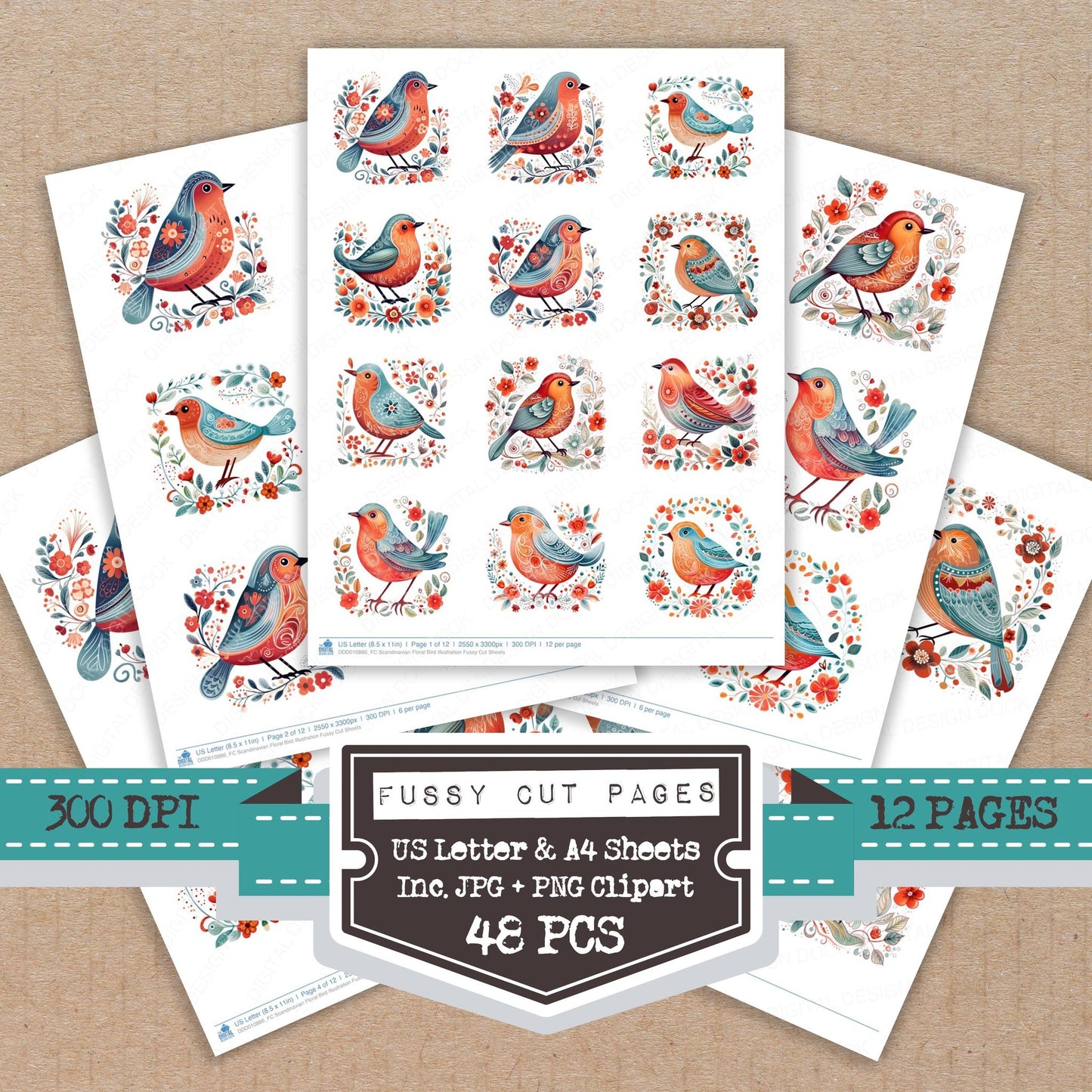 Scandinavian Floral Bird Illustration fussy cut printable sheets for junk journaling, scrapbooking, and paper craft projects