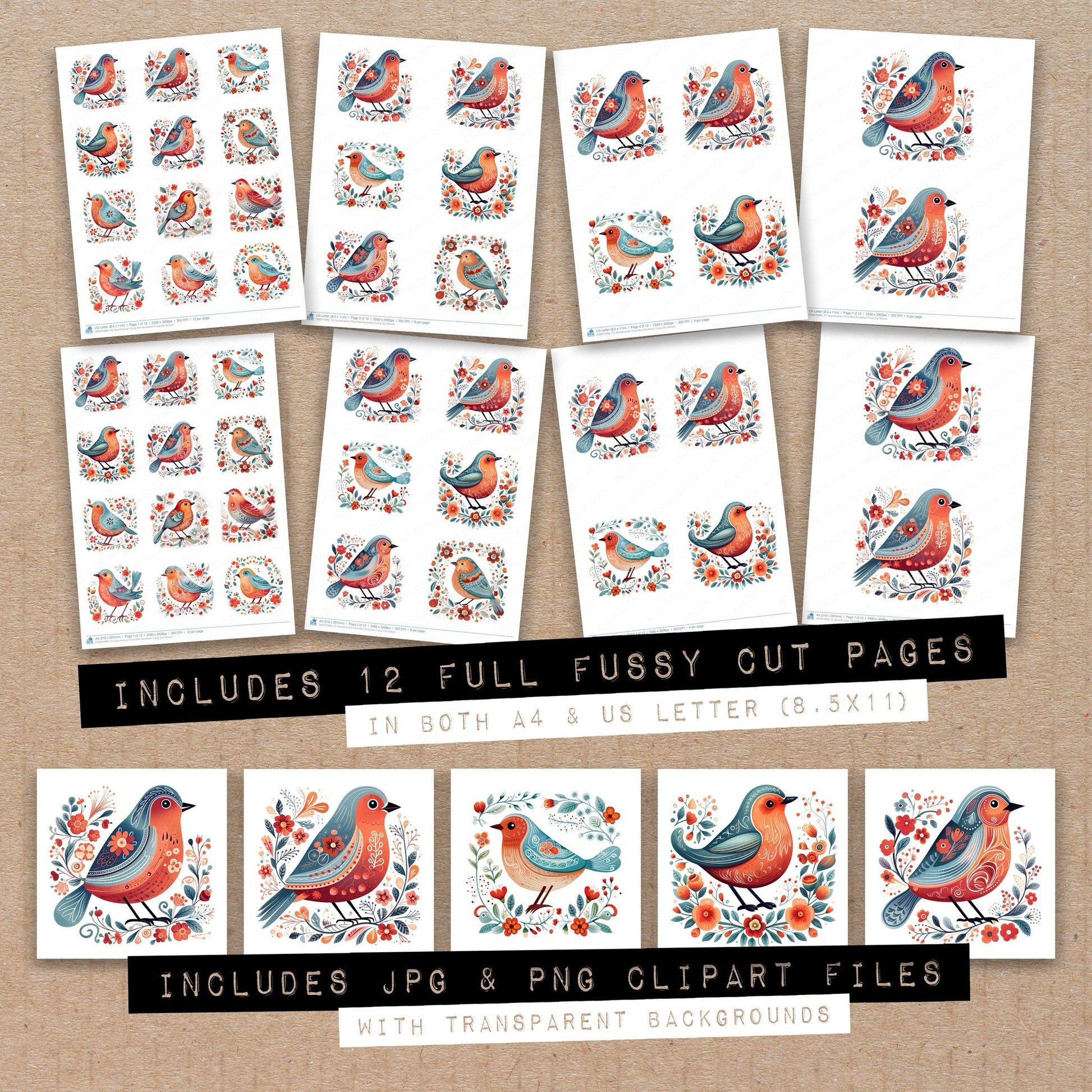 Full collection view of Scandinavian Floral Bird Illustration fussy cut sheets with bonus clipart JPG and PNG files