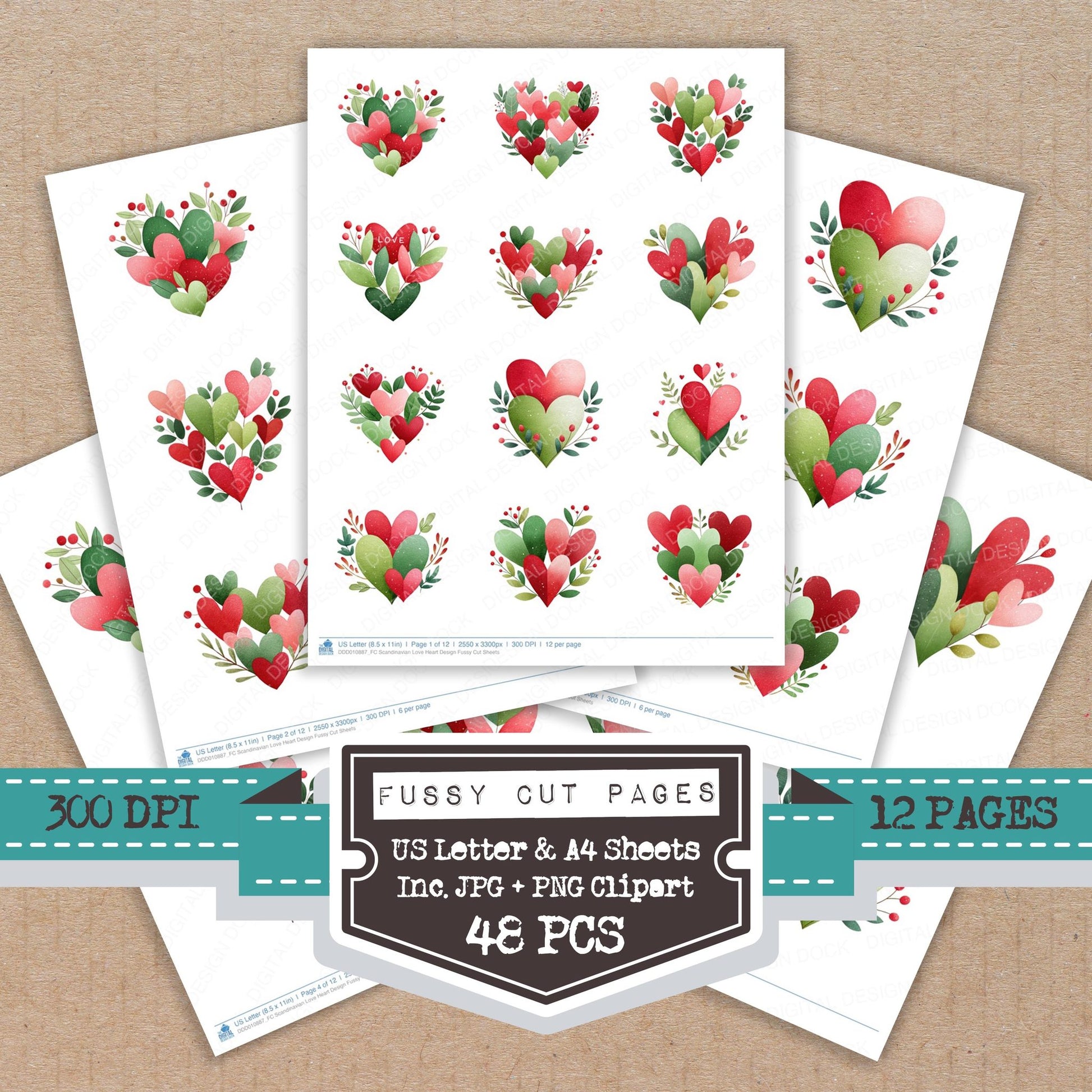 Scandinavian Love Heart Design fussy cut printable sheets for junk journaling, scrapbooking, and paper craft projects