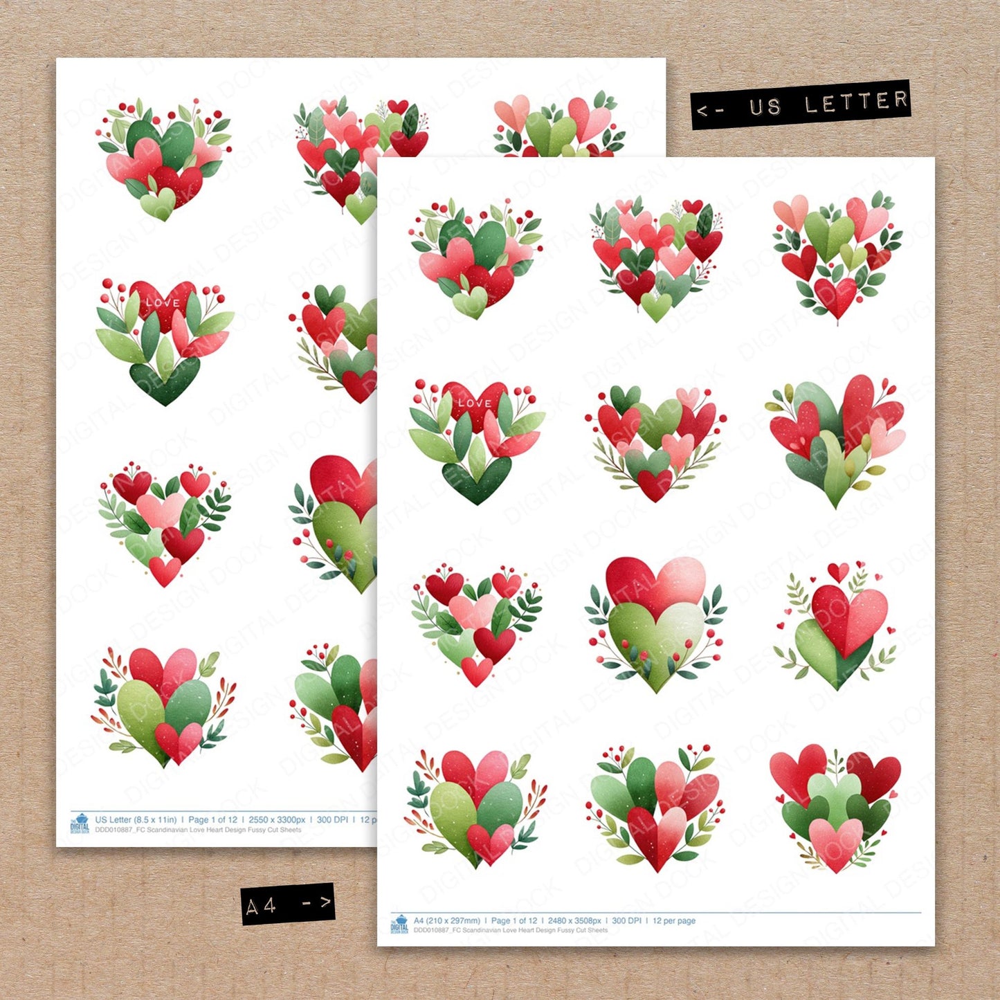 A4 and US Letter format comparison showing Scandinavian Love Heart Design fussy cut pages for print and cut crafting
