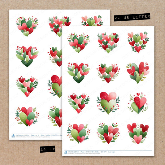 A4 and US Letter format comparison showing Scandinavian Love Heart Design fussy cut pages for print and cut crafting
