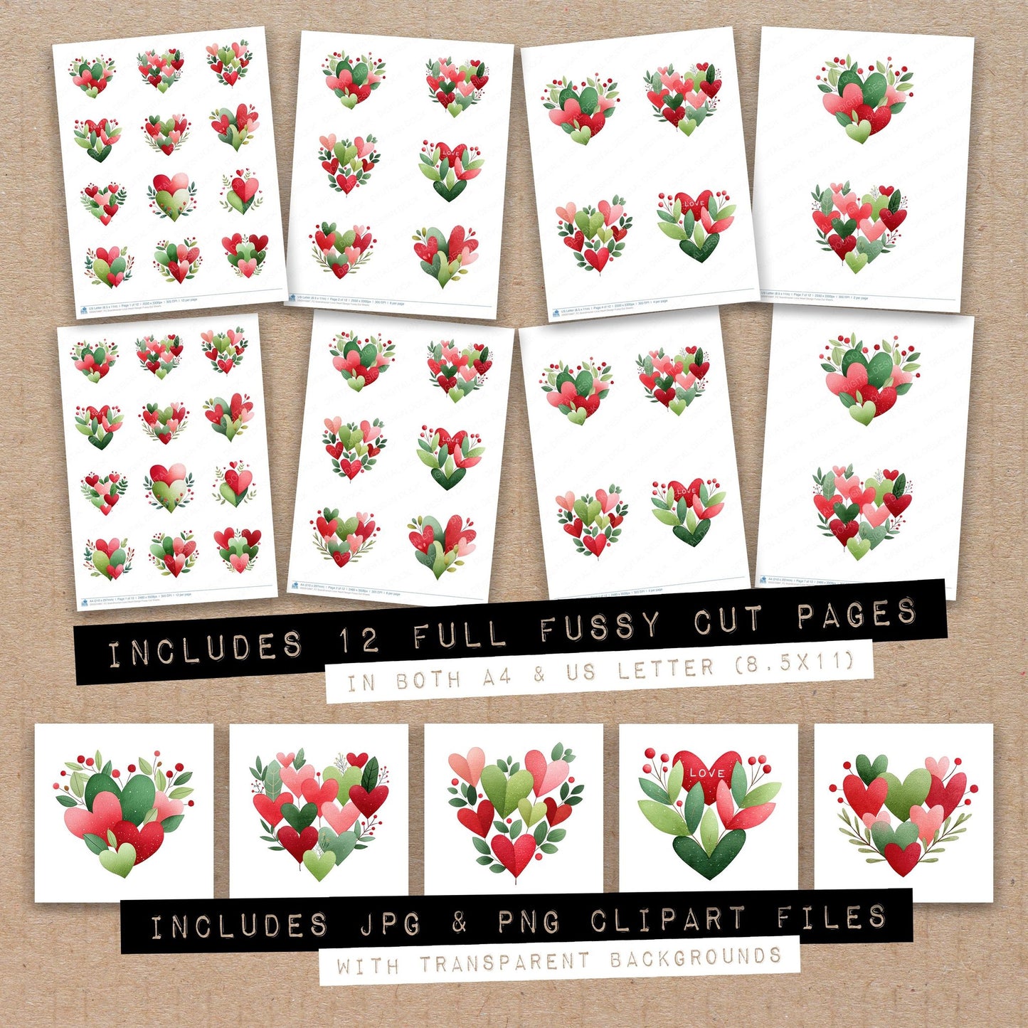Full collection view of Scandinavian Love Heart Design fussy cut sheets with bonus clipart JPG and PNG files