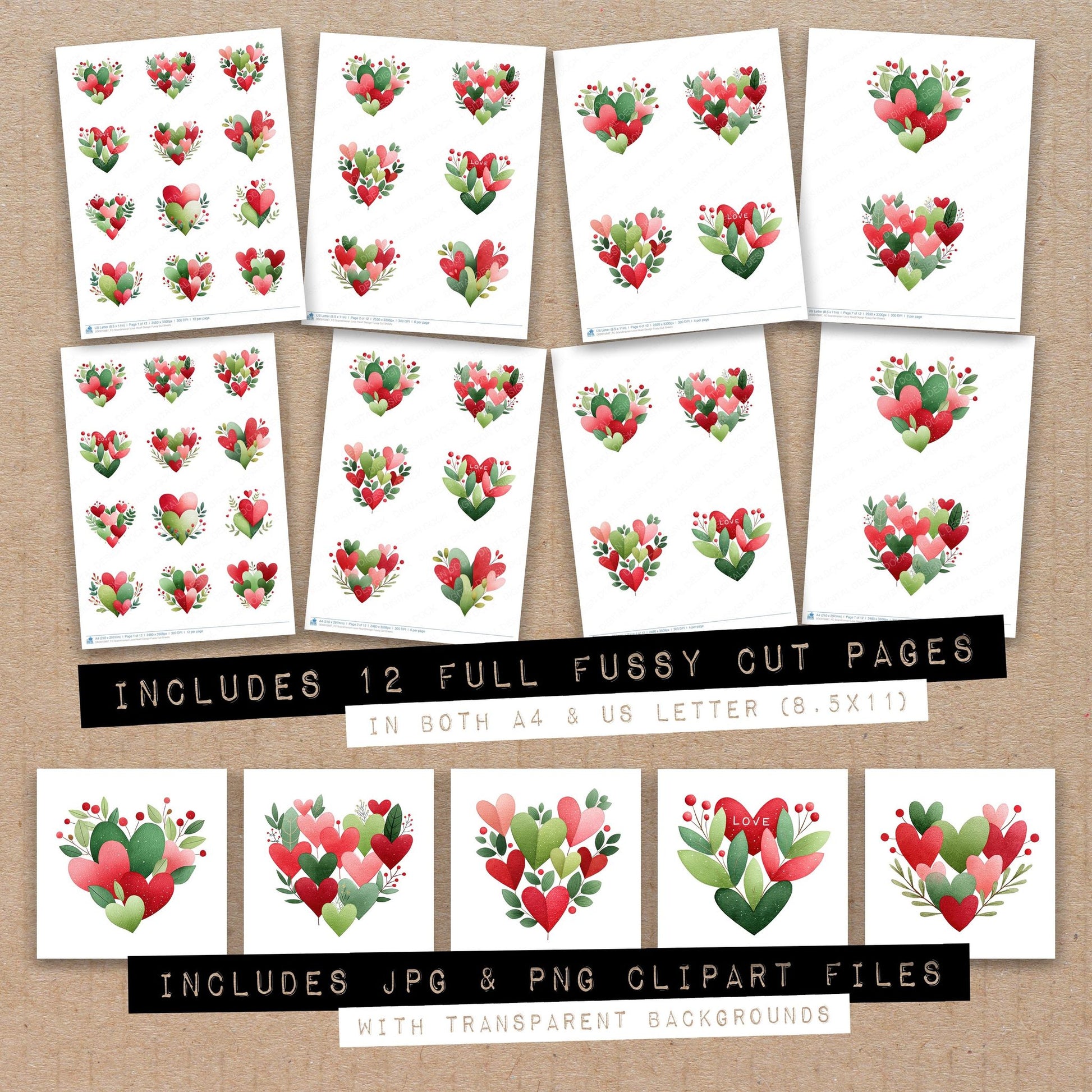 Full collection view of Scandinavian Love Heart Design fussy cut sheets with bonus clipart JPG and PNG files