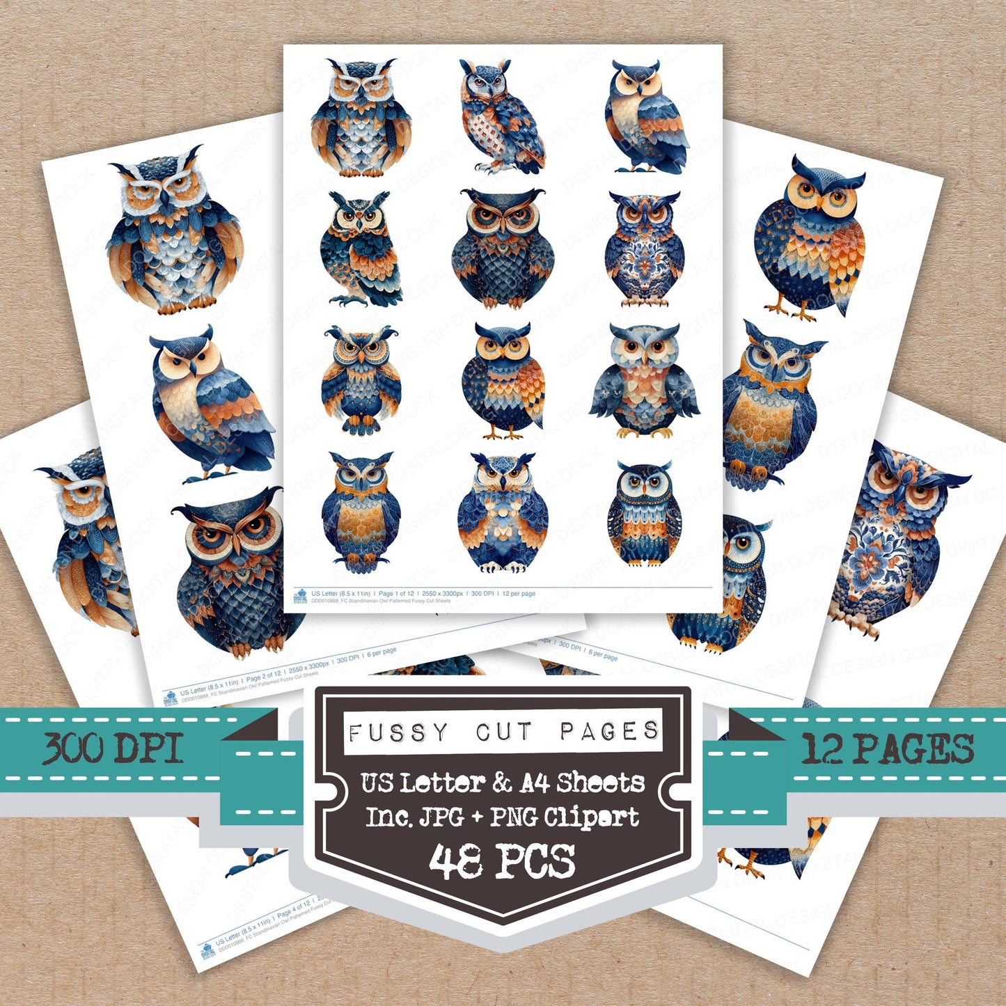Scandinavian Owl Patterned fussy cut printable sheets for junk journaling, scrapbooking, and paper craft projects