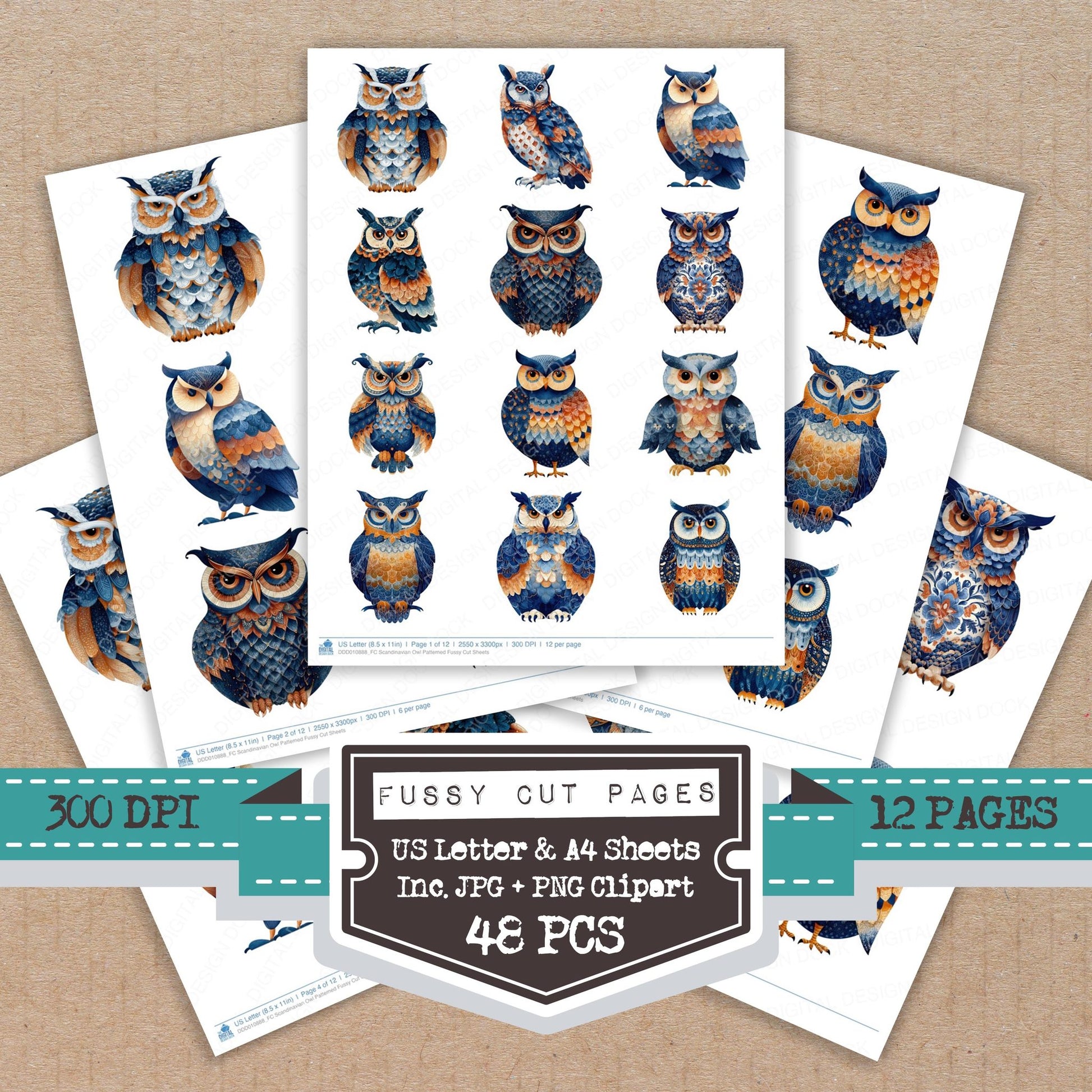 Scandinavian Owl Patterned fussy cut printable sheets for junk journaling, scrapbooking, and paper craft projects