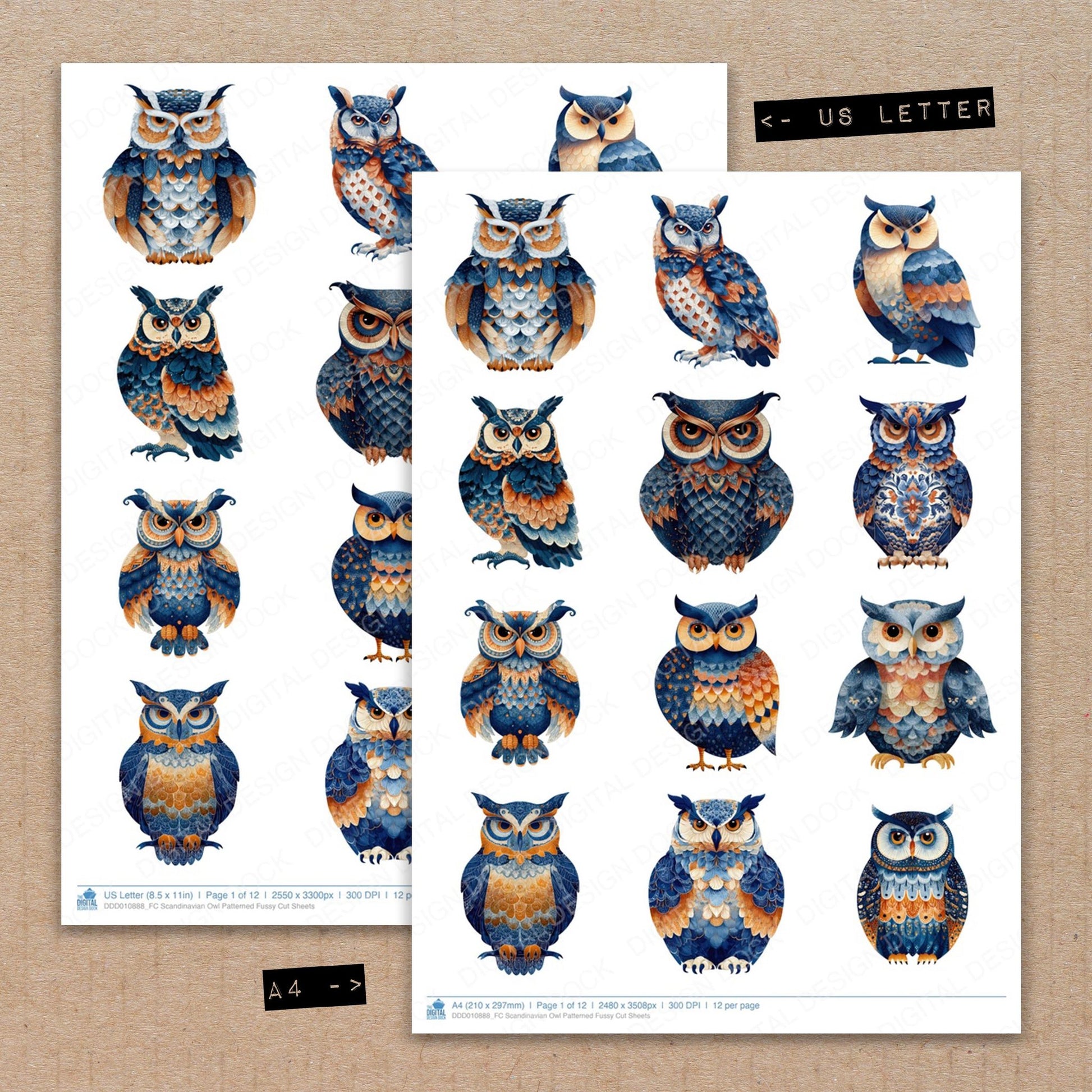 A4 and US Letter format comparison showing Scandinavian Owl Patterned fussy cut pages for print and cut crafting