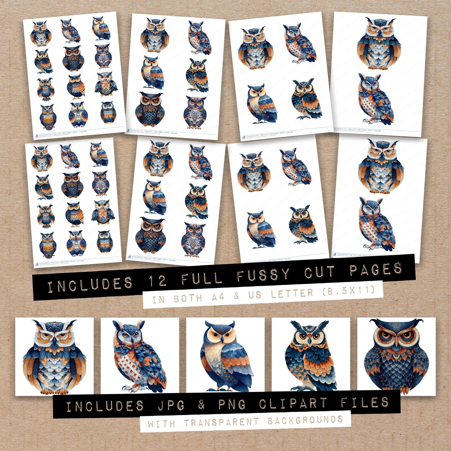 Full collection view of Scandinavian Owl Patterned fussy cut sheets with bonus clipart JPG and PNG files