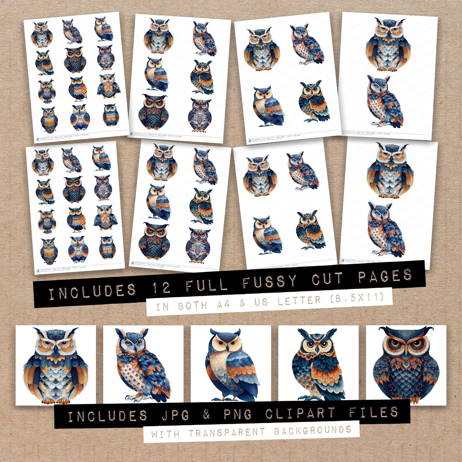 Full collection view of Scandinavian Owl Patterned fussy cut sheets with bonus clipart JPG and PNG files