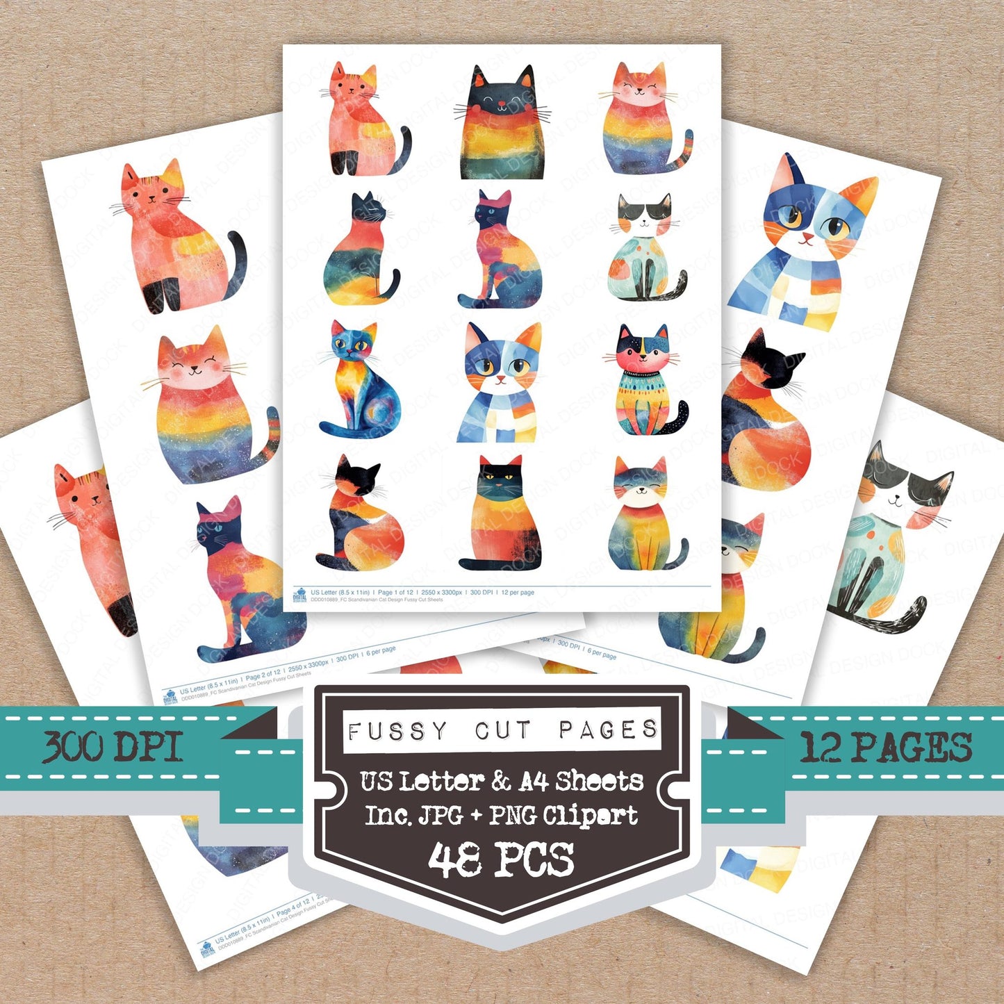 Scandivanian Cat Design fussy cut printable sheets for junk journaling, scrapbooking, and paper craft projects
