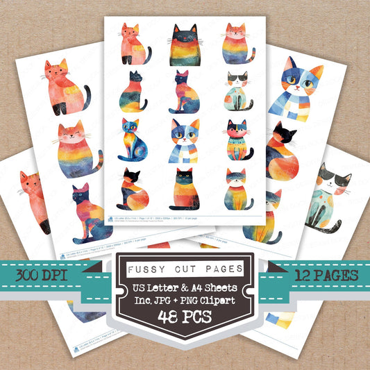 Scandivanian Cat Design fussy cut printable sheets for junk journaling, scrapbooking, and paper craft projects