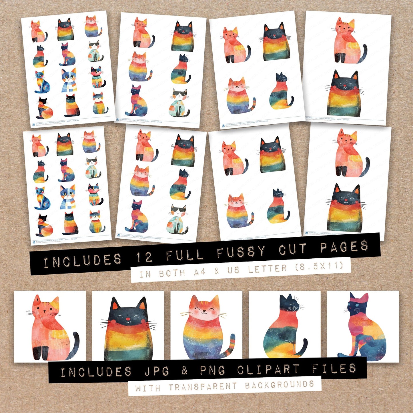 Full collection view of Scandivanian Cat Design fussy cut sheets with bonus clipart JPG and PNG files