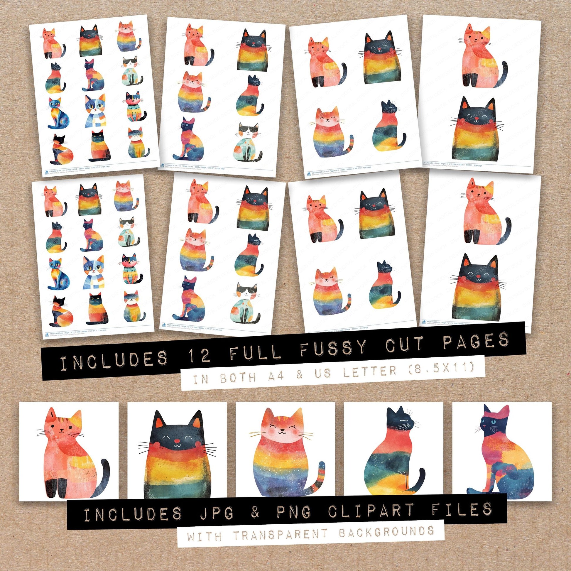 Full collection view of Scandivanian Cat Design fussy cut sheets with bonus clipart JPG and PNG files