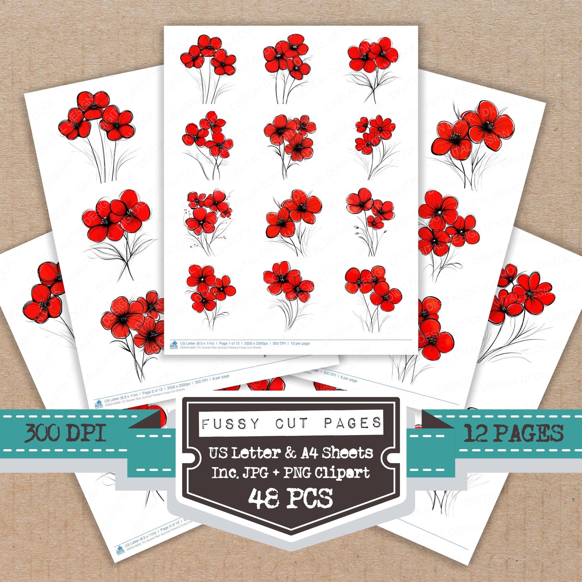 Scarlet Red Abstract Flowers fussy cut printable sheets for junk journaling, scrapbooking, and paper craft projects