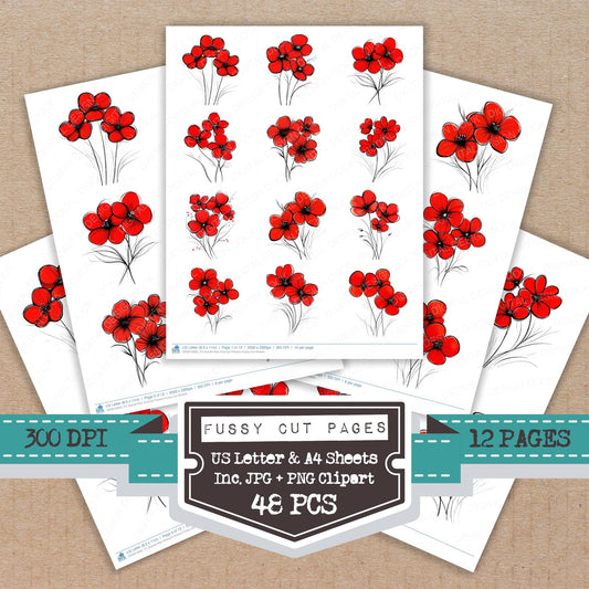 Scarlet Red Abstract Flowers fussy cut printable sheets for junk journaling, scrapbooking, and paper craft projects