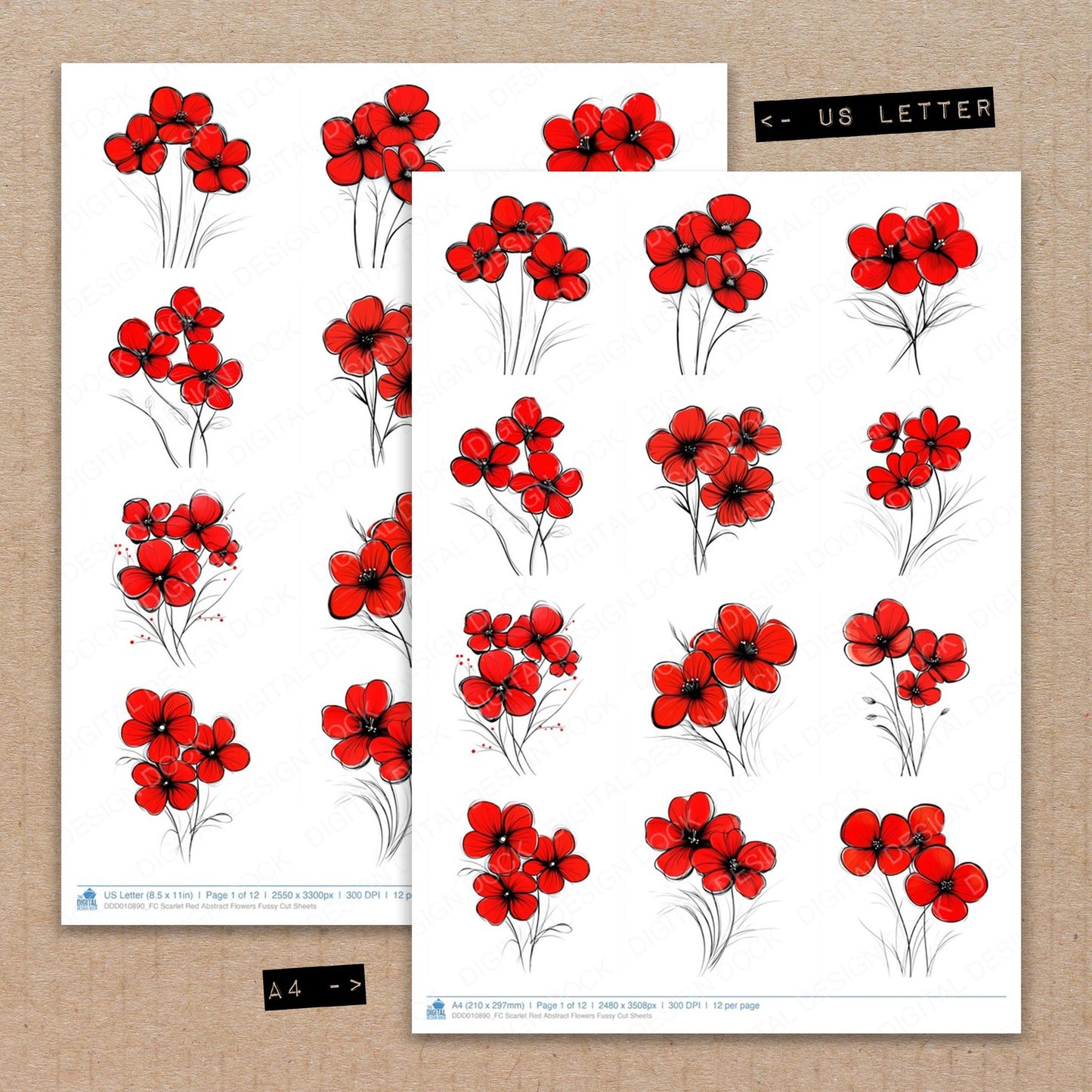 A4 and US Letter format comparison showing Scarlet Red Abstract Flowers fussy cut pages for print and cut crafting