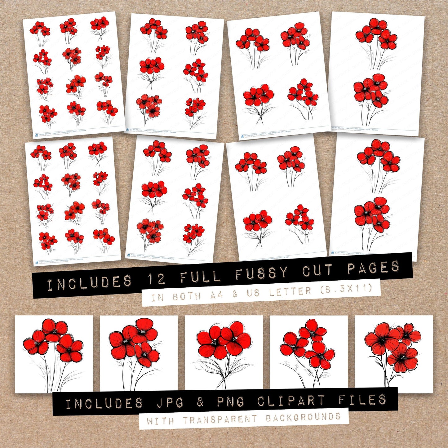 Full collection view of Scarlet Red Abstract Flowers fussy cut sheets with bonus clipart JPG and PNG files