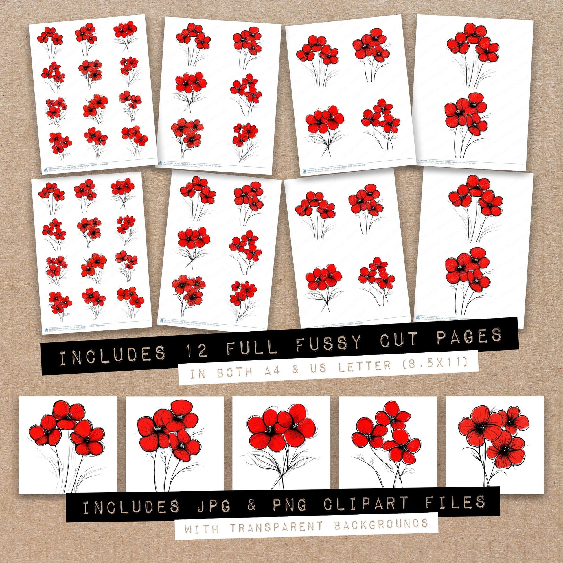 Full collection view of Scarlet Red Abstract Flowers fussy cut sheets with bonus clipart JPG and PNG files