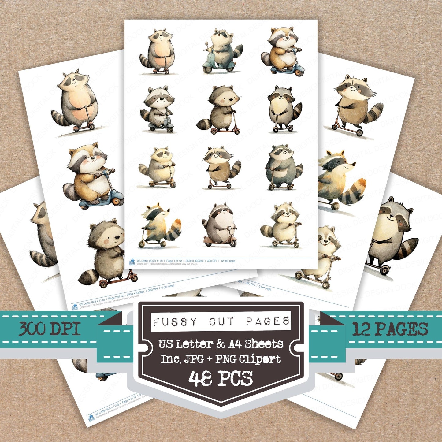Scooter Raccoon Character fussy cut printable sheets for junk journaling, scrapbooking, and paper craft projects