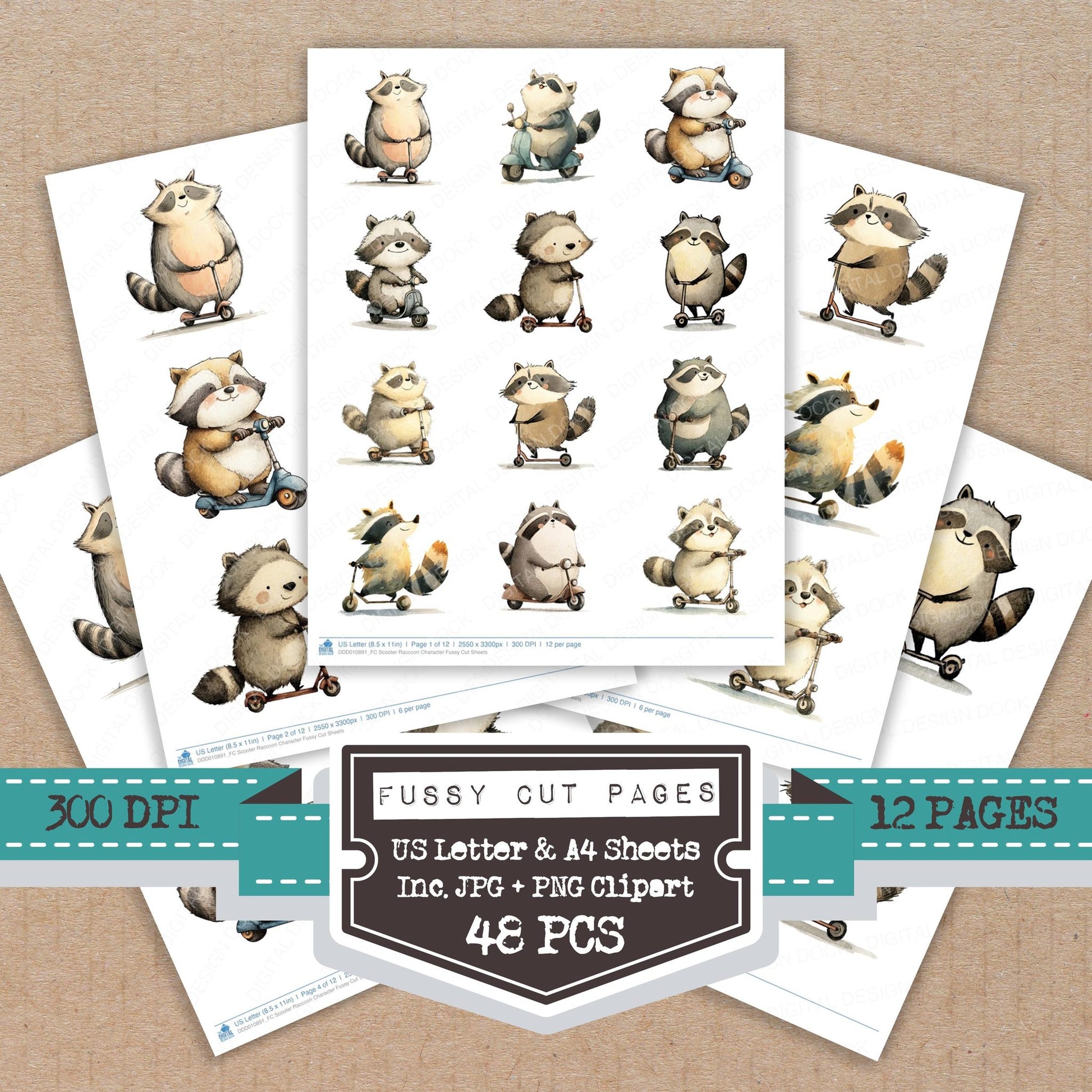Scooter Raccoon Character fussy cut printable sheets for junk journaling, scrapbooking, and paper craft projects
