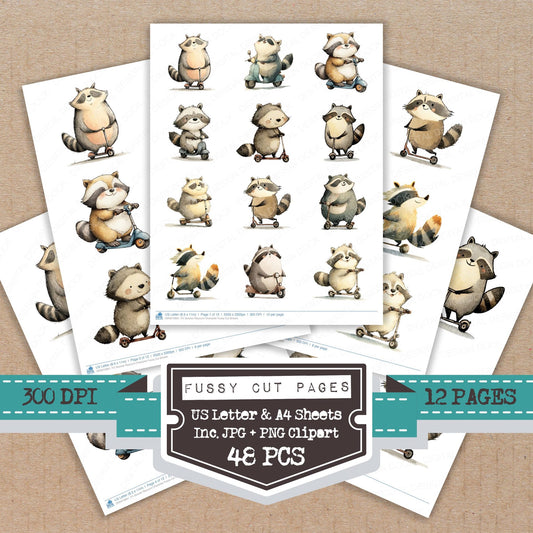 Scooter Raccoon Character fussy cut printable sheets for junk journaling, scrapbooking, and paper craft projects