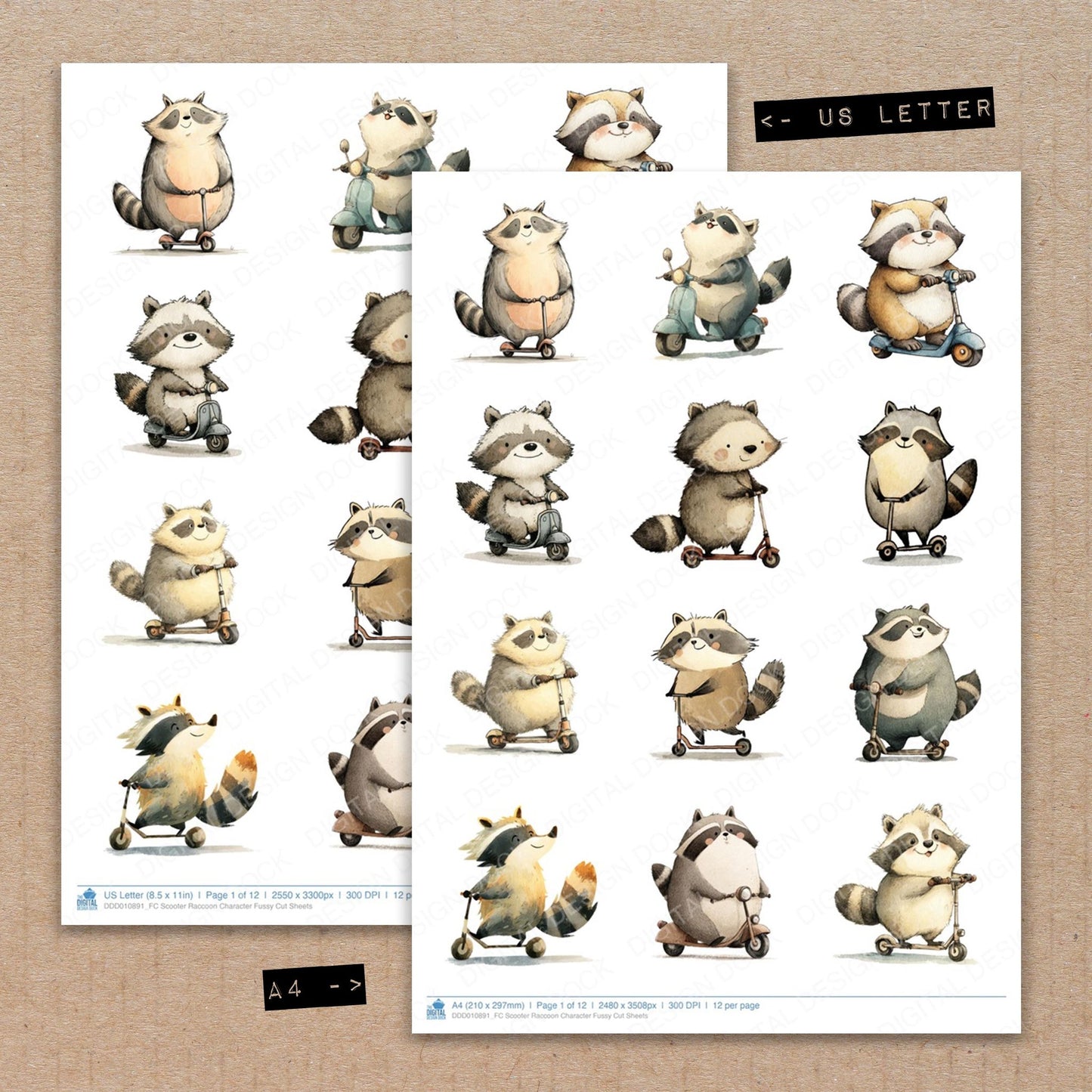 A4 and US Letter format comparison showing Scooter Raccoon Character fussy cut pages for print and cut crafting