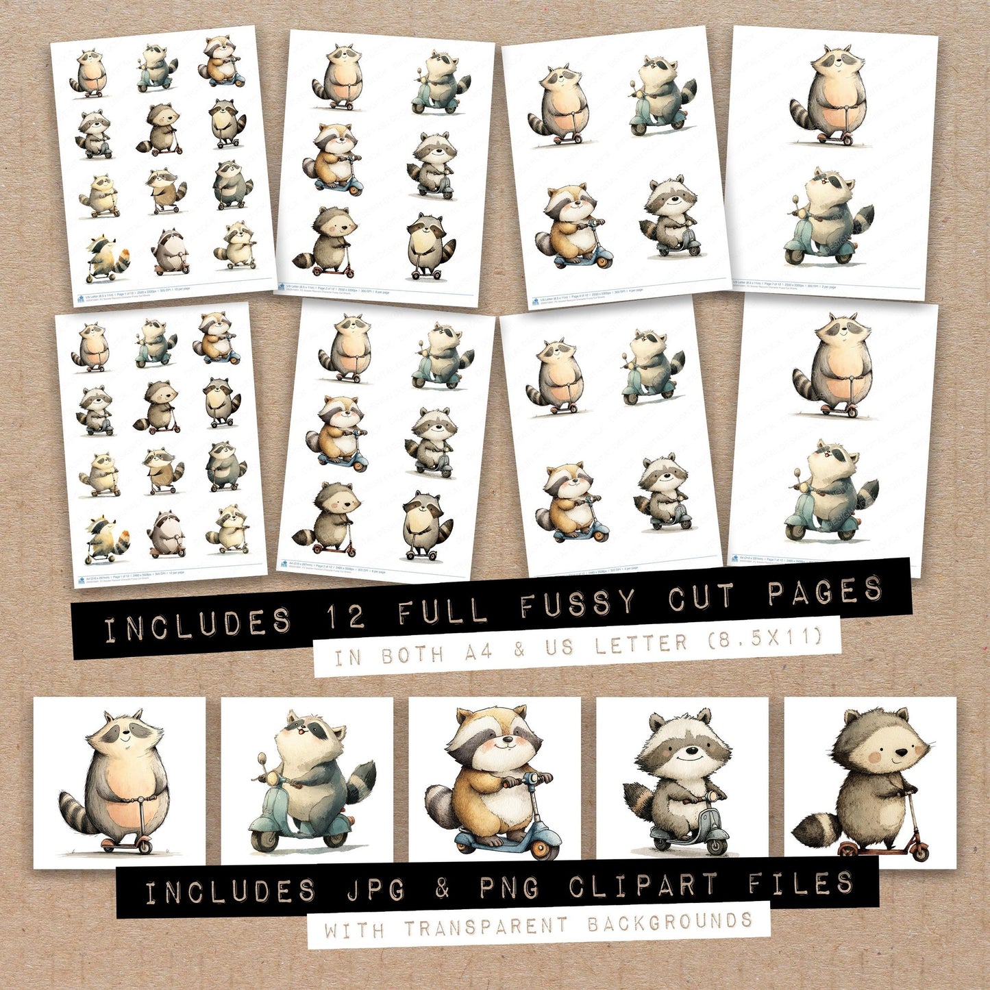 Full collection view of Scooter Raccoon Character fussy cut sheets with bonus clipart JPG and PNG files