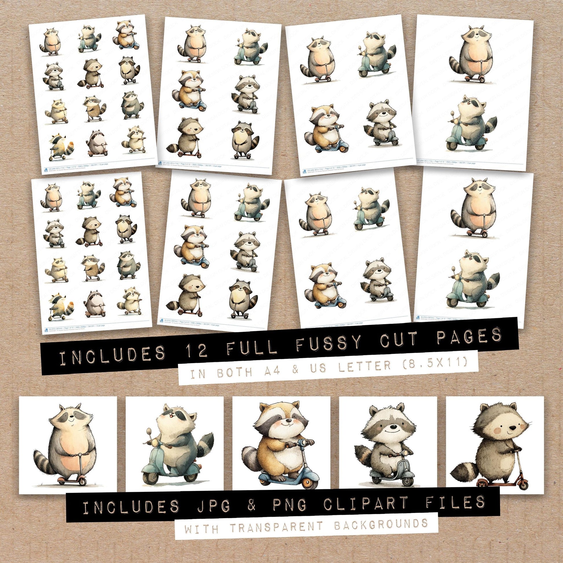 Full collection view of Scooter Raccoon Character fussy cut sheets with bonus clipart JPG and PNG files