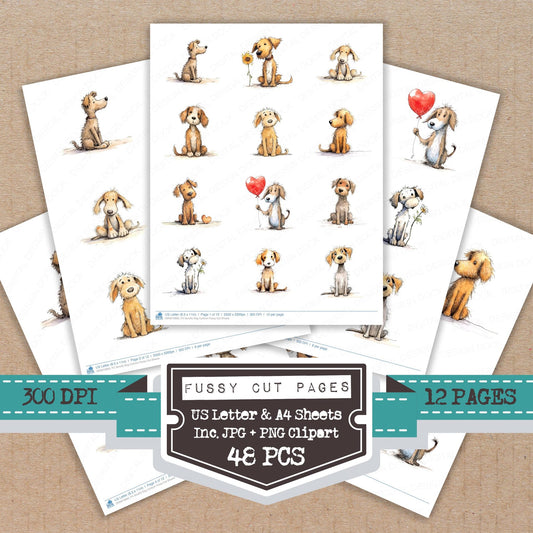 Scruffy Dog Cartoon fussy cut printable sheets for junk journaling, scrapbooking, and paper craft projects