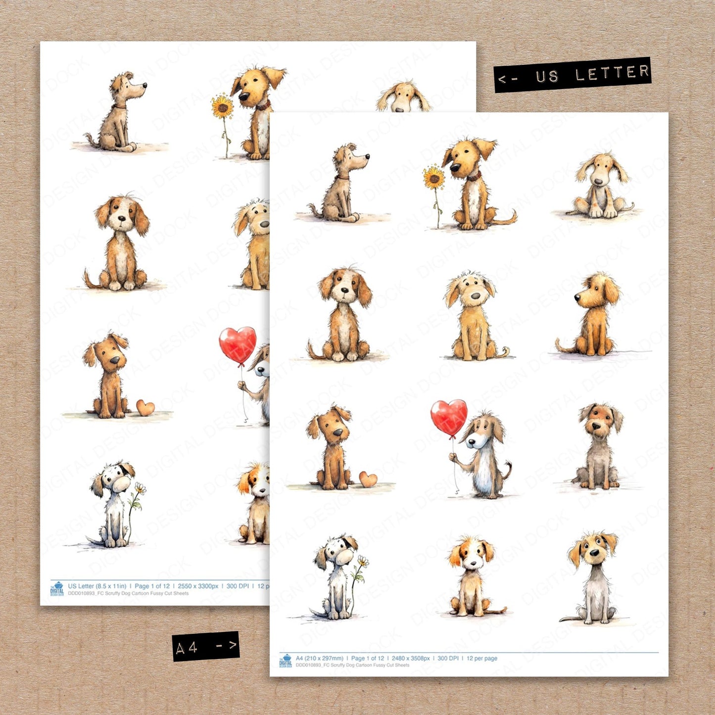 A4 and US Letter format comparison showing Scruffy Dog Cartoon fussy cut pages for print and cut crafting