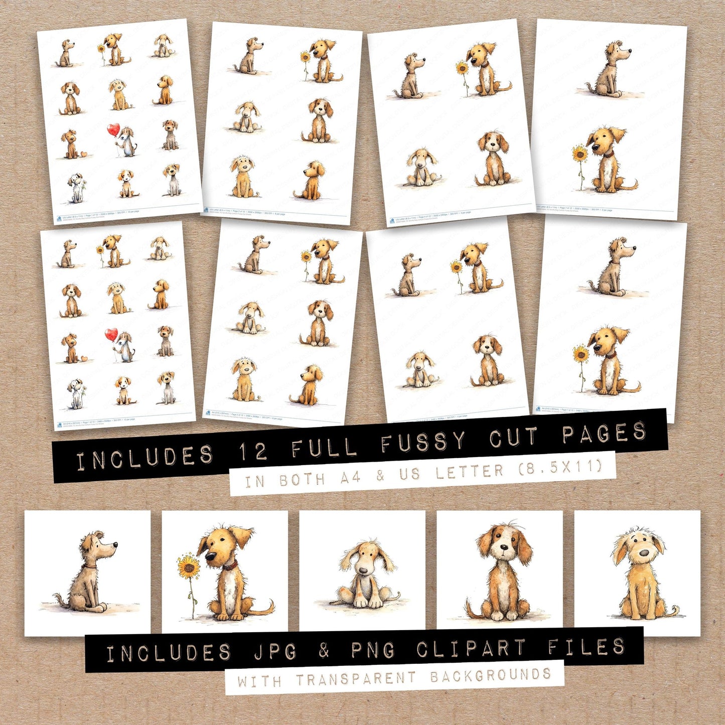 Full collection view of Scruffy Dog Cartoon fussy cut sheets with bonus clipart JPG and PNG files