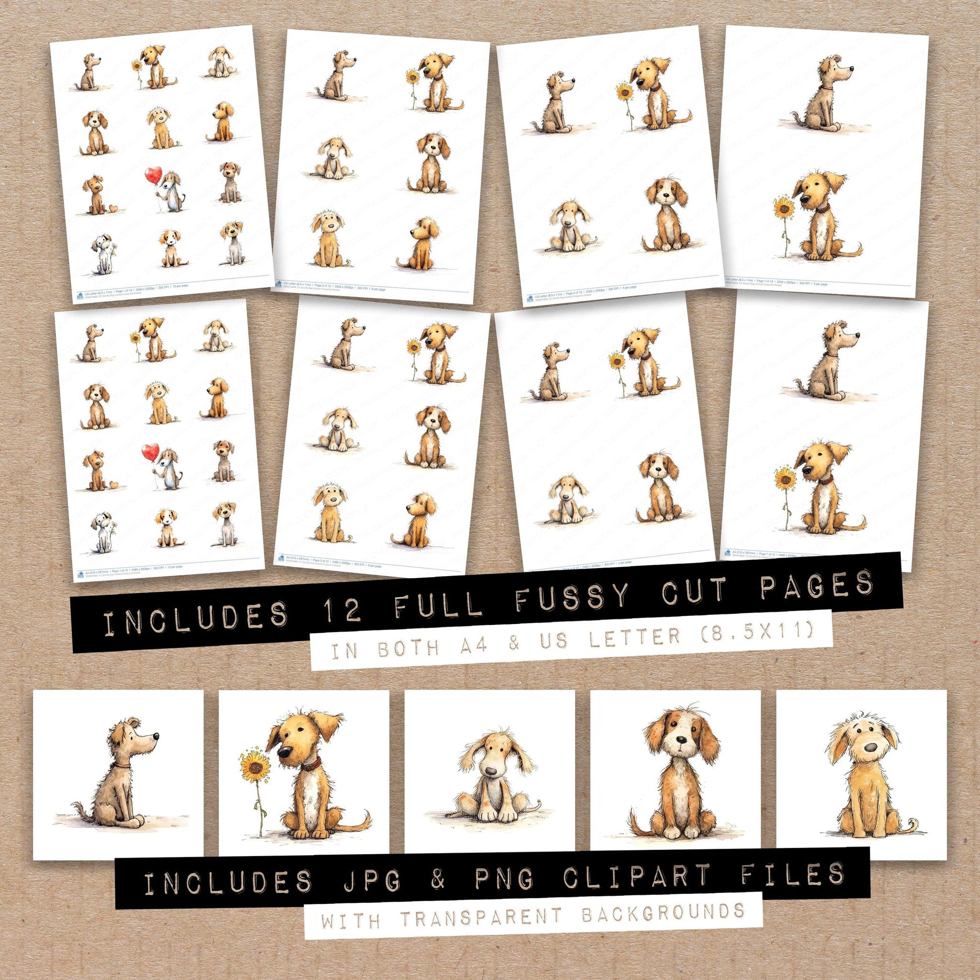 Full collection view of Scruffy Dog Cartoon fussy cut sheets with bonus clipart JPG and PNG files
