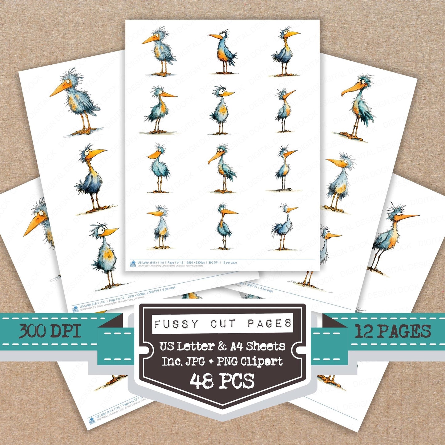 Scruffy Long Leg Bird Character Fussy Cut Sheets (DDD010894)
