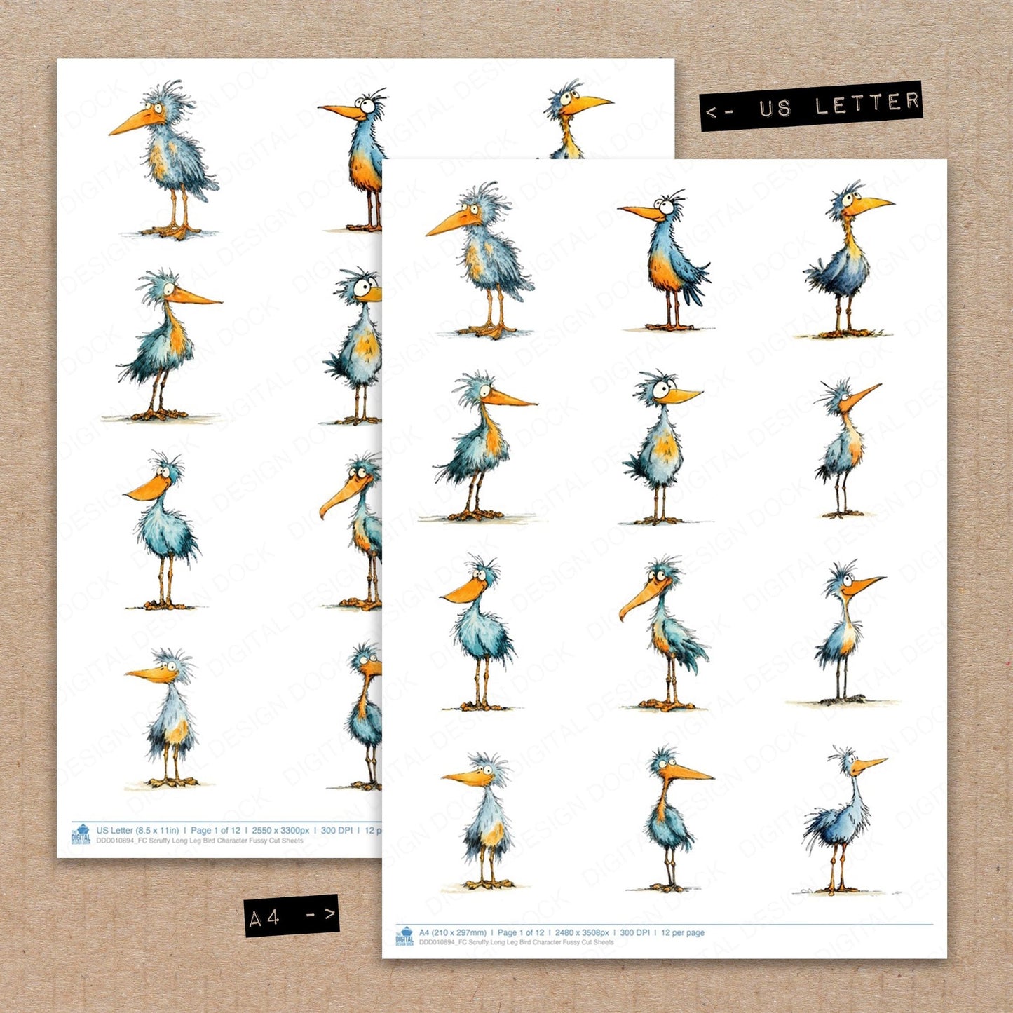Scruffy Long Leg Bird Character Fussy Cut Sheets (DDD010894)
