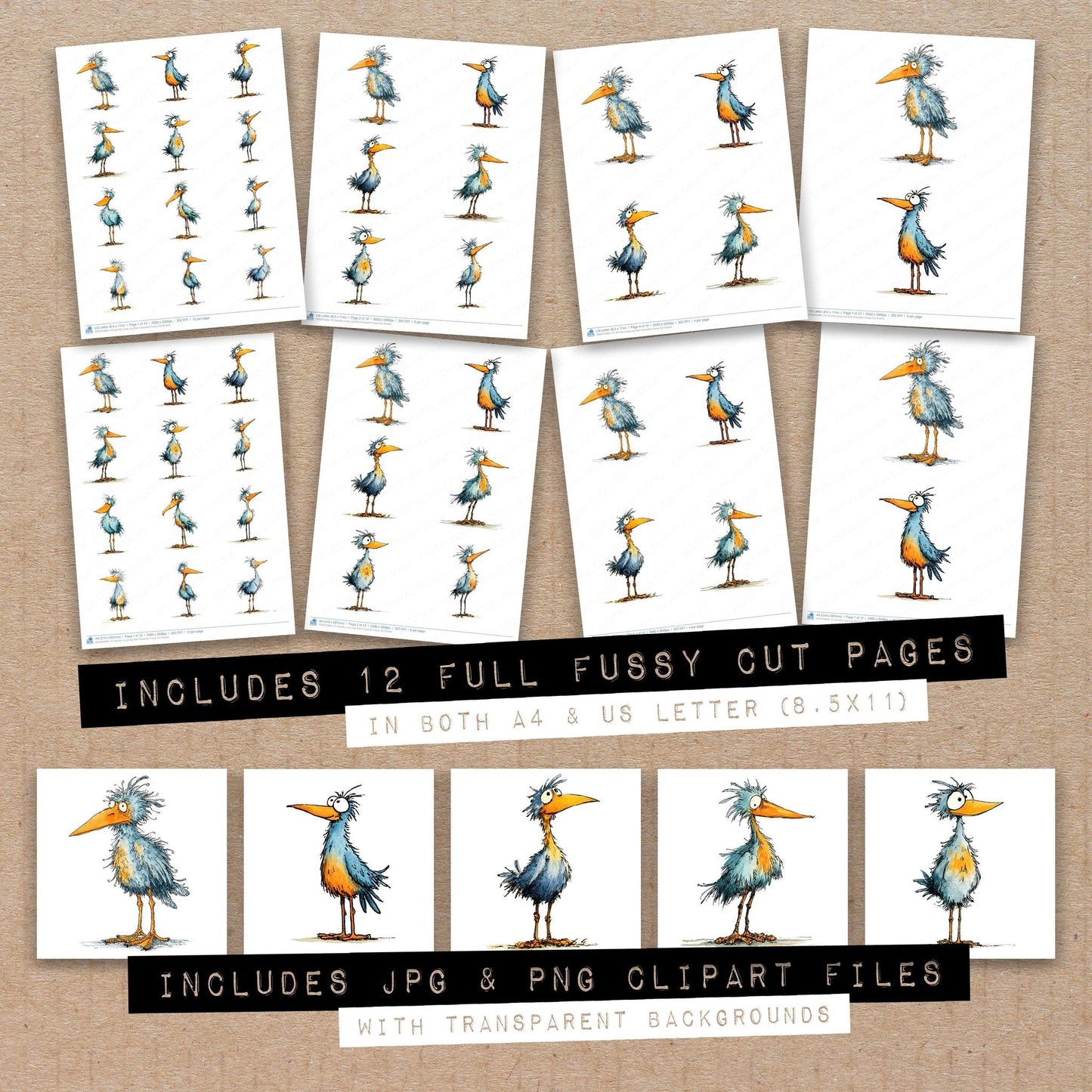 Scruffy Long Leg Bird Character Fussy Cut Sheets (DDD010894)