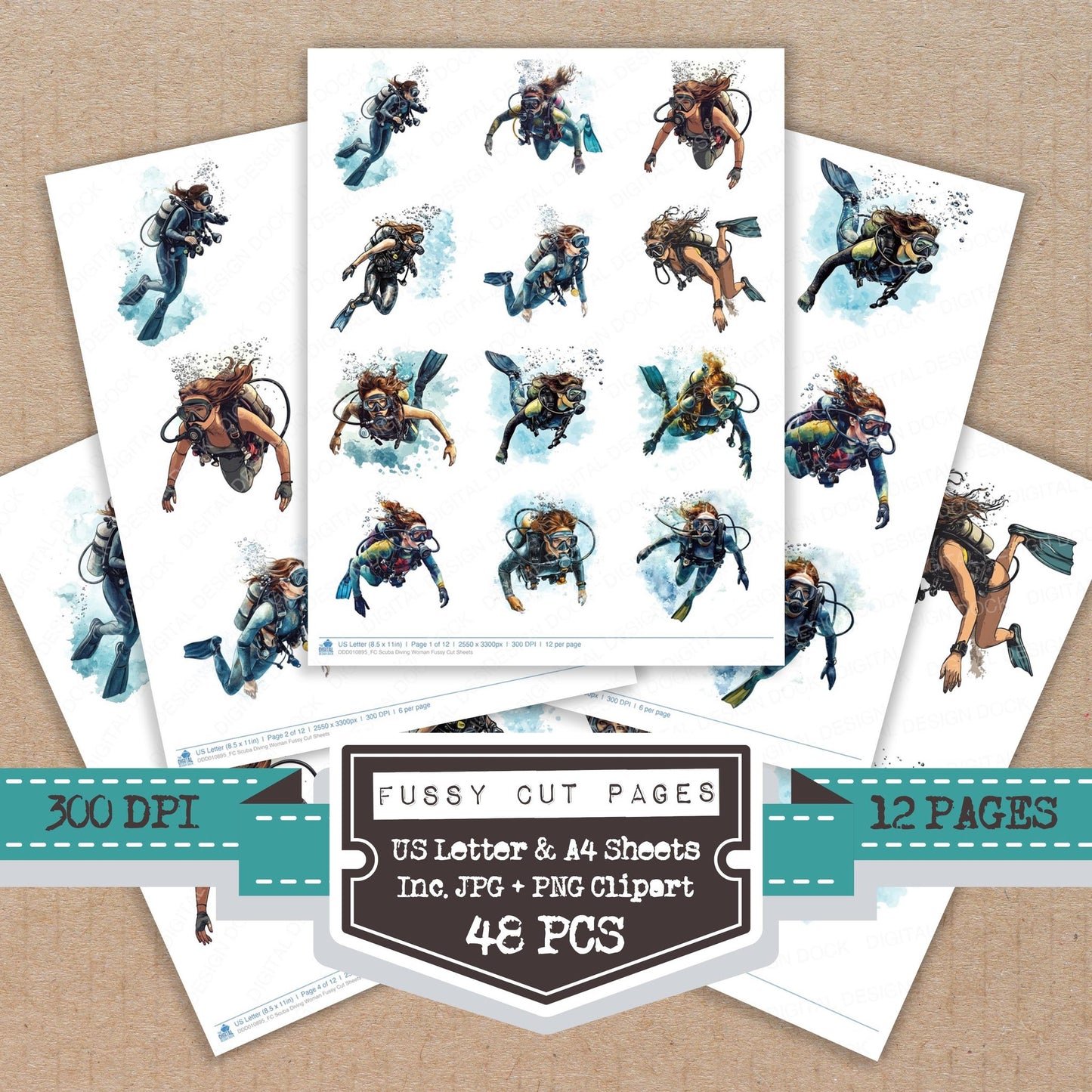 Scuba Diving Woman fussy cut printable sheets for junk journaling, scrapbooking, and paper craft projects