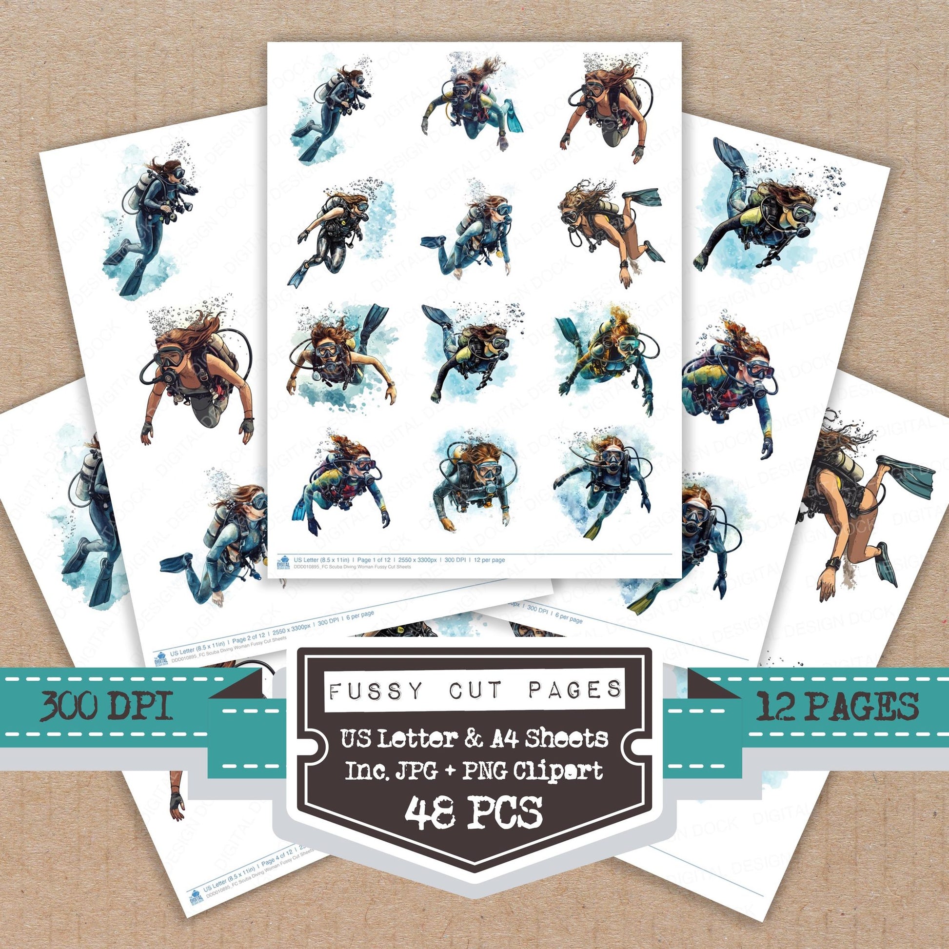 Scuba Diving Woman fussy cut printable sheets for junk journaling, scrapbooking, and paper craft projects