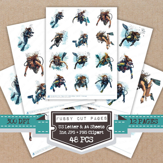 Scuba Diving Woman fussy cut printable sheets for junk journaling, scrapbooking, and paper craft projects