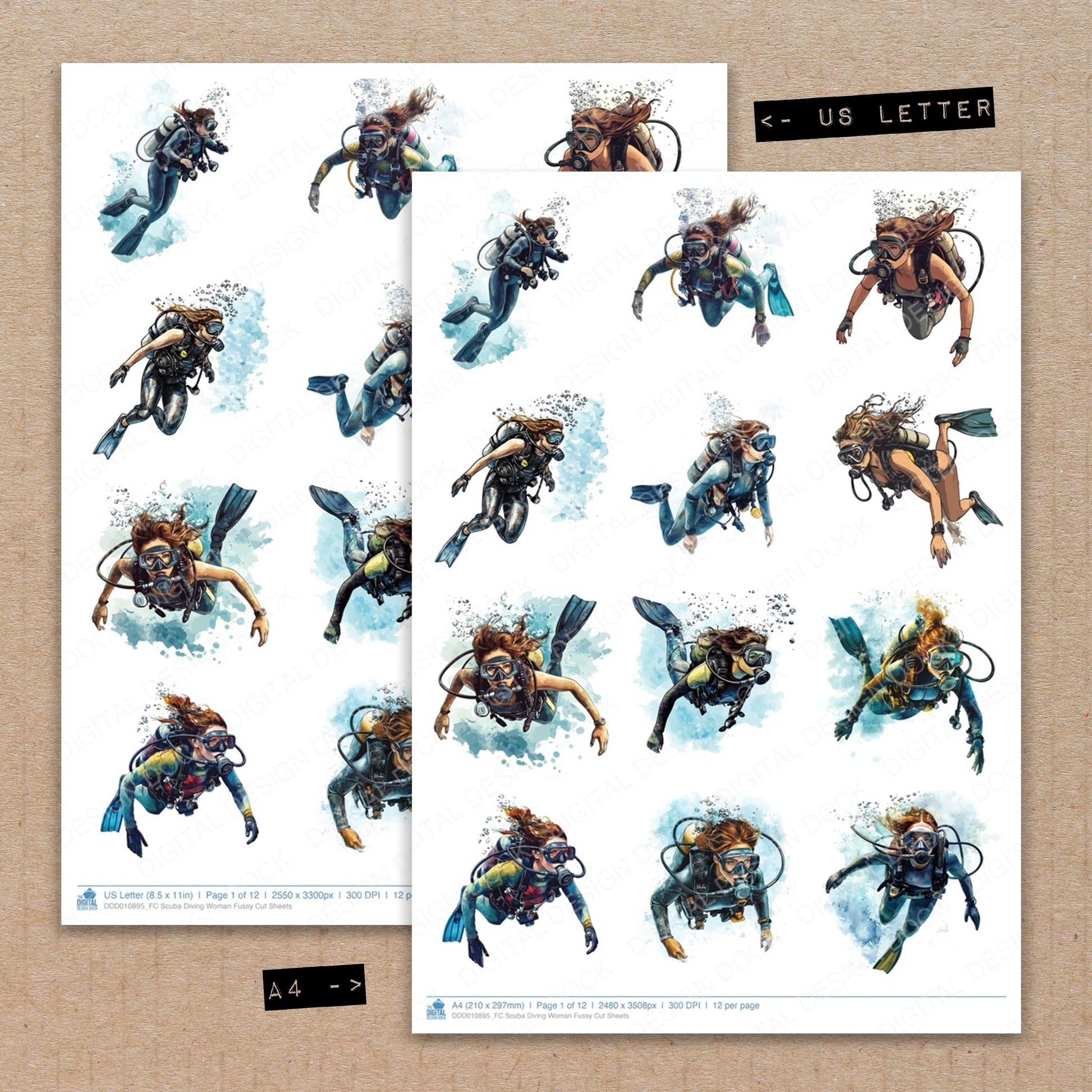 A4 and US Letter format comparison showing Scuba Diving Woman fussy cut pages for print and cut crafting