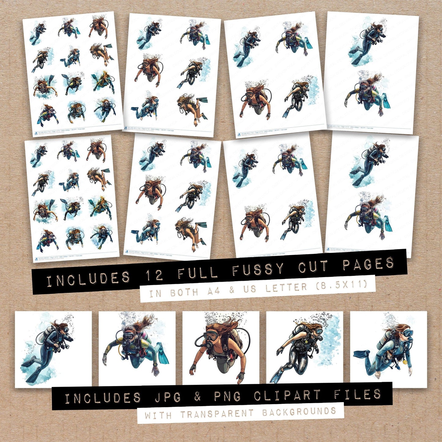 Full collection view of Scuba Diving Woman fussy cut sheets with bonus clipart JPG and PNG files