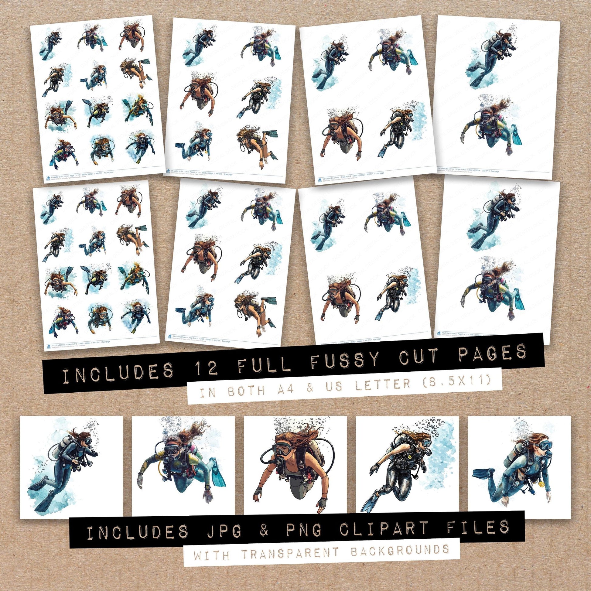 Full collection view of Scuba Diving Woman fussy cut sheets with bonus clipart JPG and PNG files