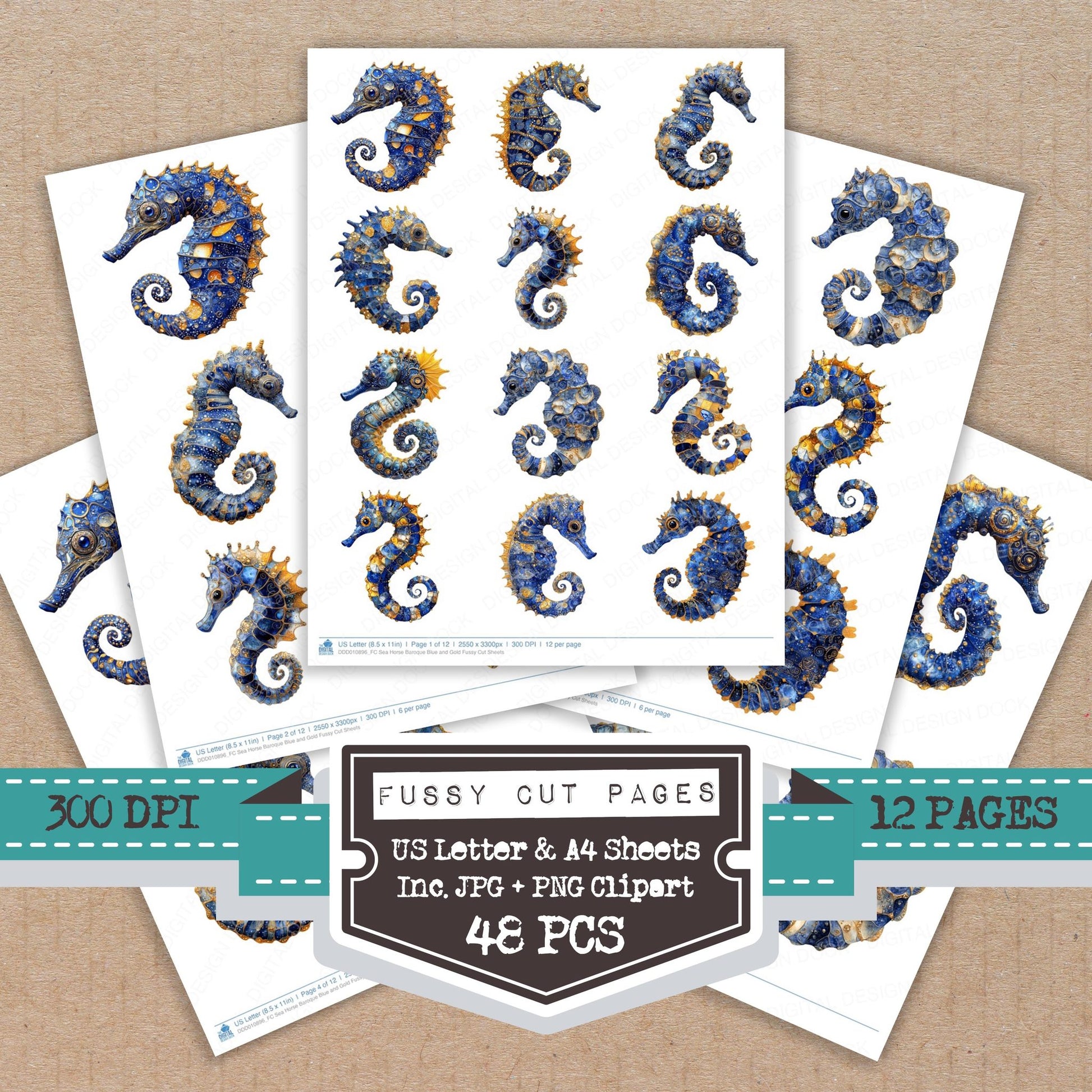 Sea Horse Baroque Blue and Gold fussy cut printable sheets for junk journaling, scrapbooking, and paper craft projects
