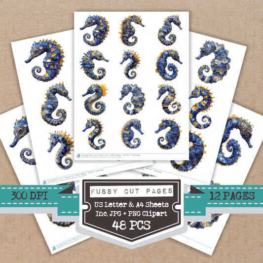Sea Horse Baroque Blue and Gold fussy cut printable sheets for junk journaling, scrapbooking, and paper craft projects